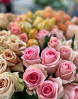 Bouquet of pink and beige roses with a blurred background