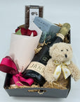 Treats | Gift Box with Sparkling Wine and Petite Red Rose Posy