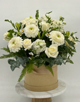 Large Hat Box of Mixed Seasonal Flowers Green and White