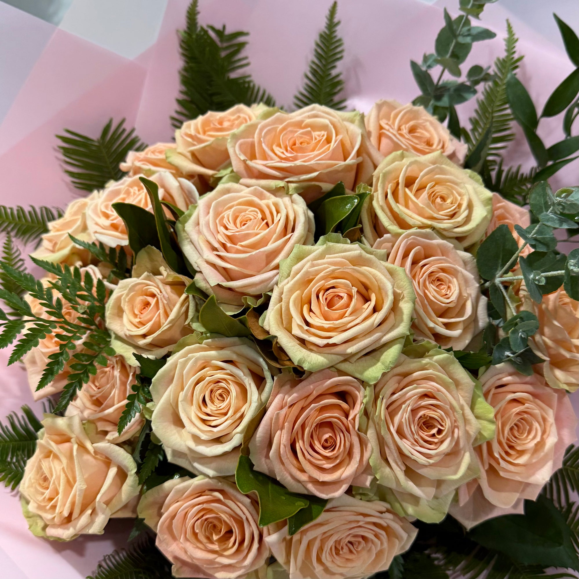 Bouquet of peach-colored roses with green leaves on a pink background
