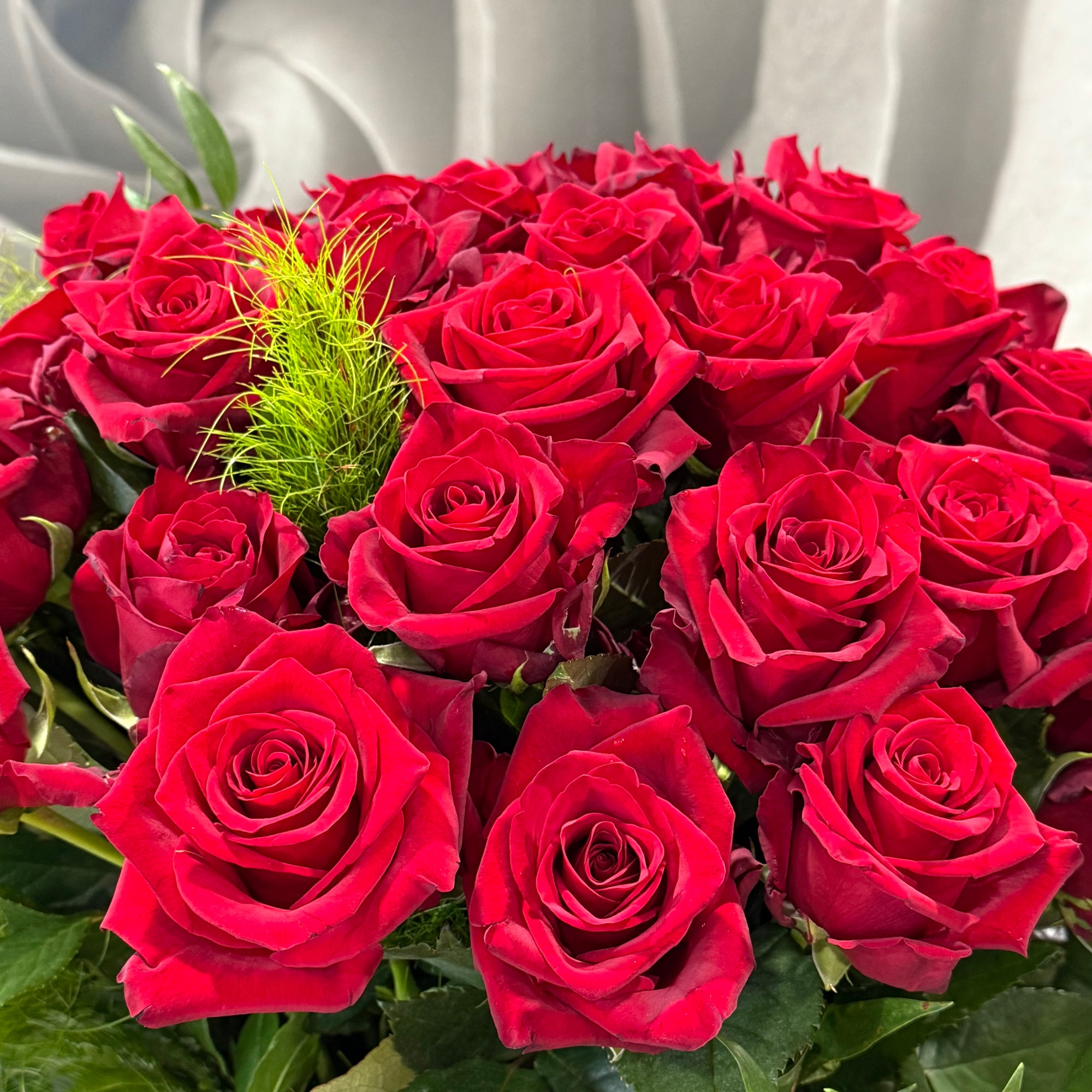 Bouquet of 24 red roses with foliage