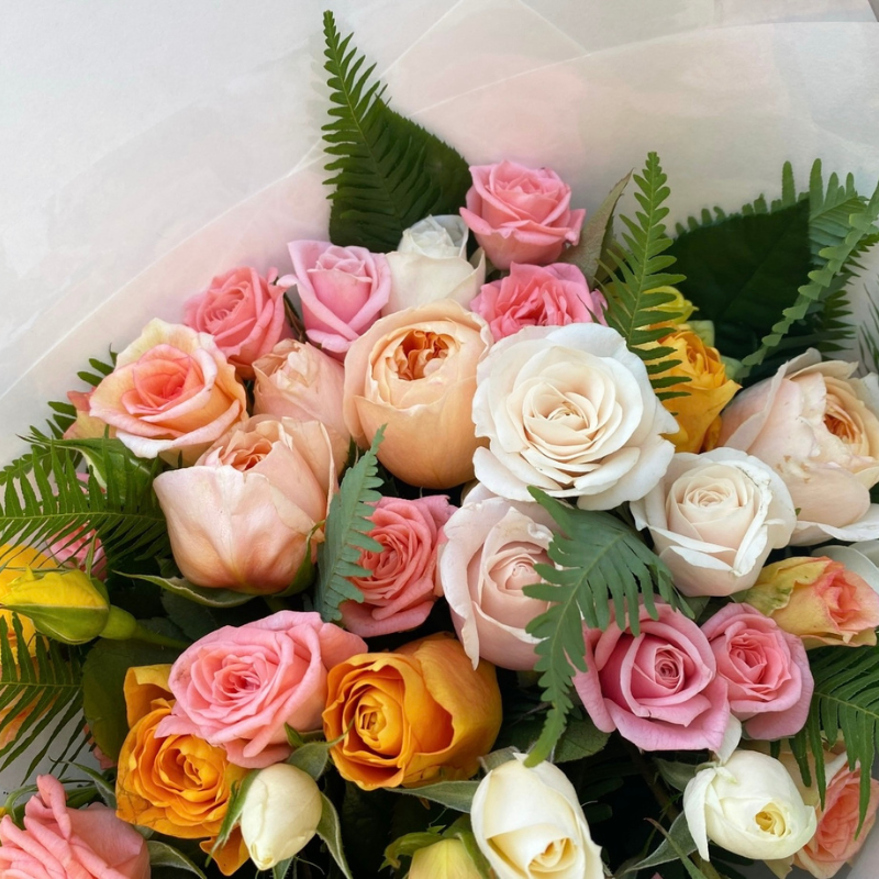 Closeup of assorted pastel roses