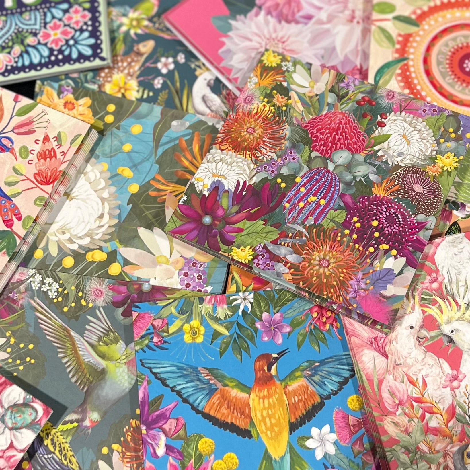 Collection of colorful La La Land greeting cards with floral and nature-themed designs.