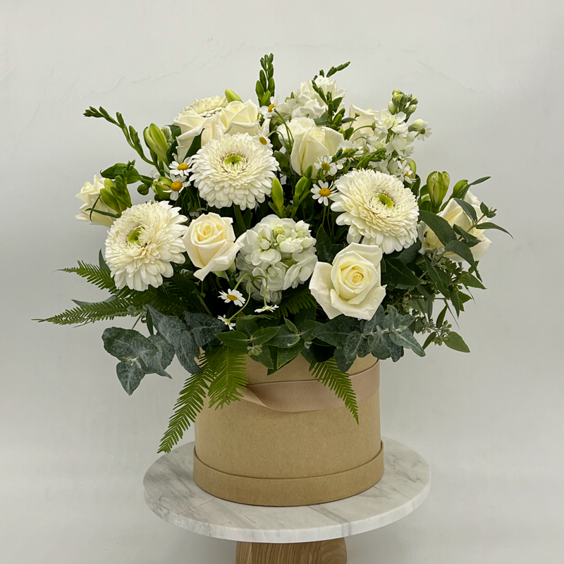 Large Hat Box of Mixed Seasonal Flowers Green and White